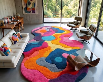 Colorful Abstract Area Rug, Irregular Modern Carpet, Boho Living Room Decor, Custom Wool Art