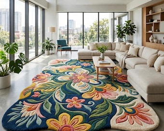 May include: An irregular shaped area rug featuring a deep blue background with a large, multi-colored floral pattern. The design includes stylized flowers and leaves in shades of pink, yellow, orange, and green, with a thick, tufted texture.