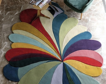 Multicolor Petal Flower Rug | Irregular Hand-Tufted Wool Area Rug | Abstract Floral Living Room Rug | Custom Size