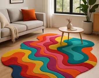 Colourful Wavy Abstract Area Rug – Multicolored Modern Statement Carpet for Living Room & Bedroom