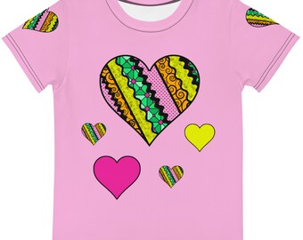 Skurriles Herz-Shirt für Kinder | Mädchen-T-Shirt mit Rundhalsausschnitt | Rosa T-Shirt Mädchen