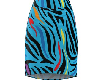 May include: A blue and black zebra print skirt with colorful abstract lines. The skirt is a midi length and has a fitted silhouette.