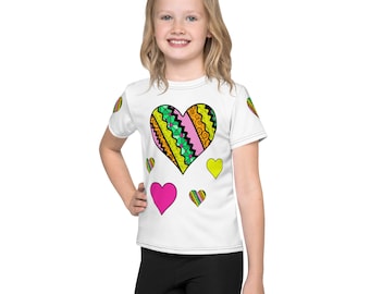 Skurriles Herz-Shirt für Kinder | Rundhalsausschnitt Mädchen T-Shirt | Weißes Herzt-Shirt Mädchen | Herz-Shirt Größen 2T bis Größe 7