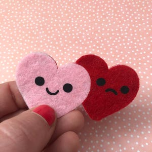 Double Heart Felt Brooch – Smiley & Sulky – Romantic Handmade Pin – Sweet Handmade Gift