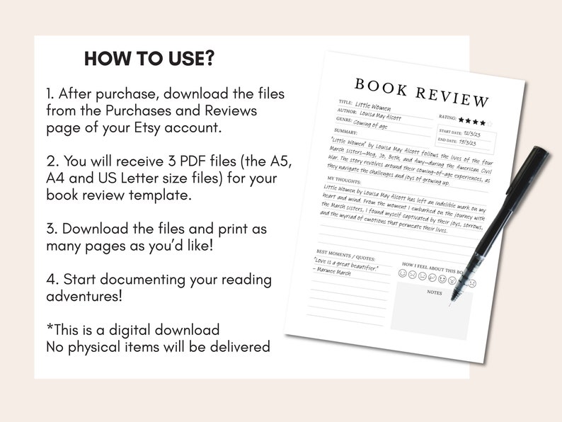 Book Review Template PDF Printable Reading Journal, Book Review Journal