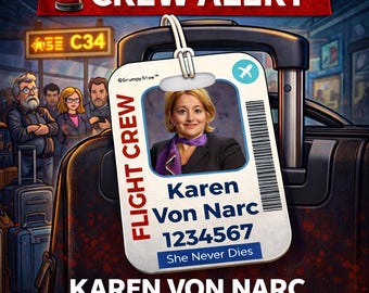 Etiqueta para equipaje de azafata Karen Von Narc (Angela Peery) – Regalo de humor sarcástico para viajeros