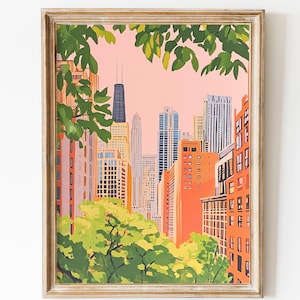 Poster retrò dello skyline di Chicago: arte del paesaggio urbano fauvista (download digitale)