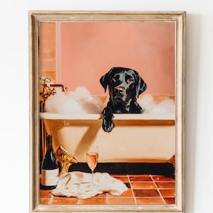 Zwarte labrador badkunst, wijnhond print, roze bubbeldecor (digitale download)