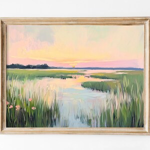 Obraz pastelowy „Zachód słońca w Karolinie Lowcountry”, wystrój w stylu nadmorskiego domku (do pobrania)