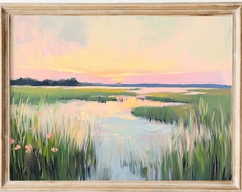 Carolina Lowcountry Sunset Pastel Painting, Coastal Cottagecore Decor (Downloadable Print)