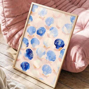 Blauwe schelpen kustprint: schildpadprint vintage badkamer muurkunst (digitale download)