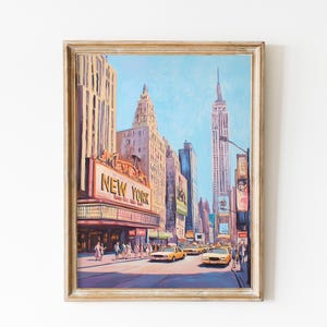Póster retro de Nueva York, arte de pared de Nueva York en rosa suave, pintura al óleo vintage de Nueva York, póster de viaje de EE. UU., regalo de decoración de dormitorio, paisaje de ciudad en rosa suave