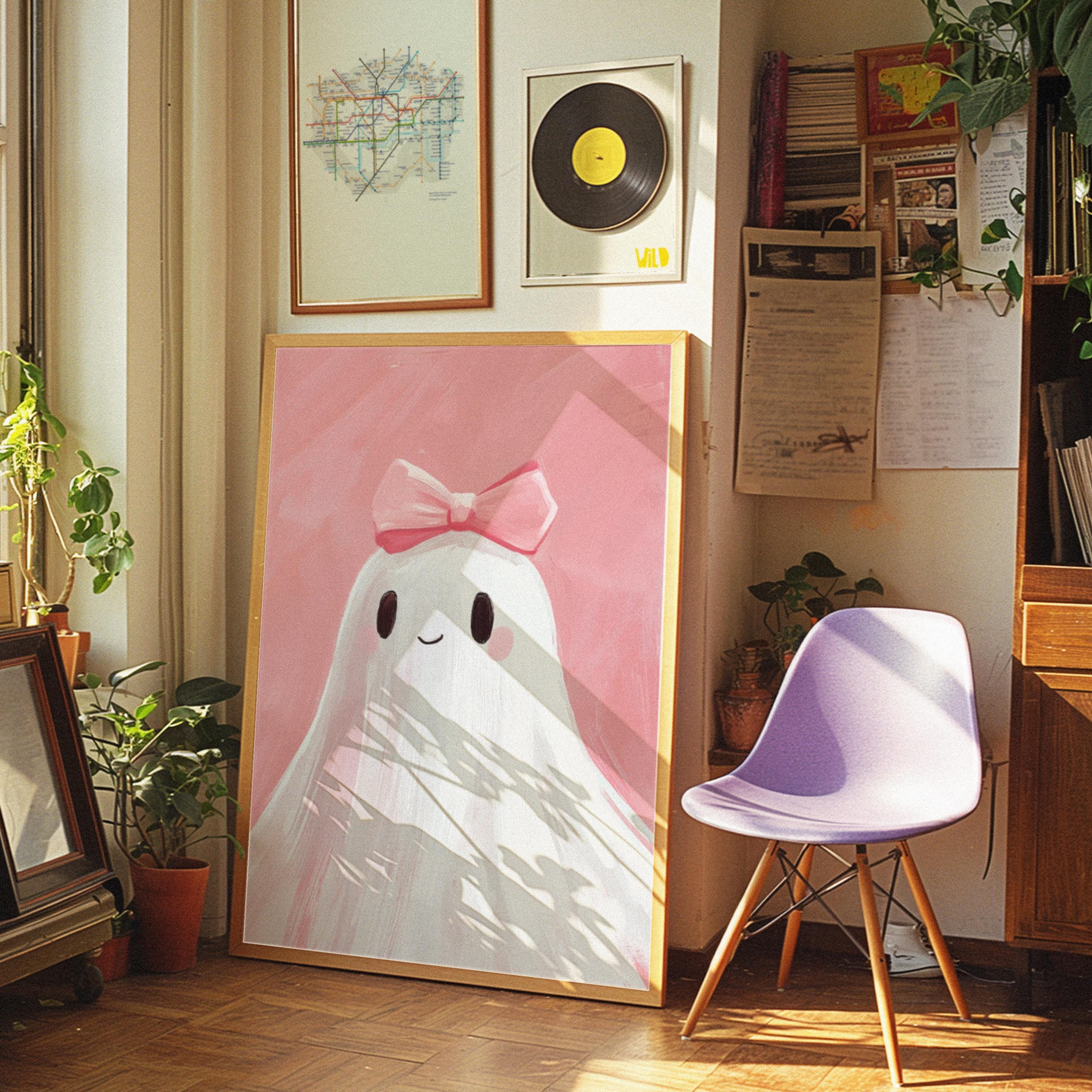 Supwhd Cute Halloween Ghosts Wall Art - 16x24 Inch Pink Bow Coquette Poster With Wooden Hanger