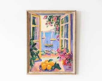 Henri Matisse Open Window Fauvism Painting, Sailing Art, Costal Painting, Vibrant Mediterranean Coastal Art Sunlit Ocean Lemons View Balcony