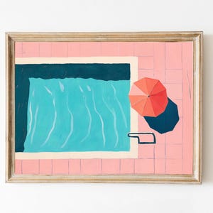 Arte de pared con piscina retro de Palm Springs, impresión minimalista de verano, pintura geométrica, impresión descargable, decoración de dormitorio preppy de color rosa para niñas