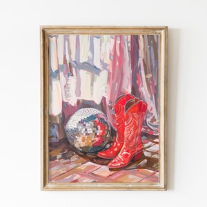 Cowgirl Boot Print | Western Aesthetic Nursery Printable Art | Country Dorm Room Wall Art, Disco Ball Decor | Disco Print | Soft Pink