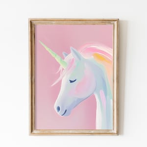 Skurrile rosa Einhorn Art Print für Mädchen Zimmer - Digital Download, zart rosa Fantasy World Dekor, Girly Fantasy Kinderzimmer Dekor, Pastell Kunst