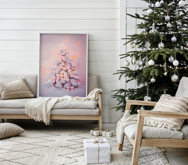 Pastel Pink Christmas Tree Art Print, Preppy Nursery Decor (digital ...