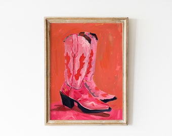 Pink Cowgirl Boots Painting Print | Western Aesthetic Nursery Printable Art | Country Dorm Room Wall Art, Boho Girly Poster Digital Download