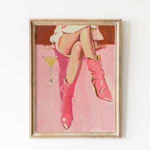 ピンクのカウガールブーツの絵画プリント、カウガールマティーニポスター、大胆な西部の美的プリント、バーカートの絵画カクテルポスター、その女の子のプリント