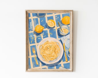 May include: A framed illustration of a plate of spaghetti with a sprig of rosemary on top, a small bowl of lemon zest, two lemons, and a fork and knife on a blue and white checkered tablecloth.