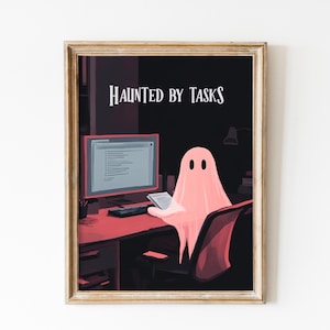 Arte da ufficio di Halloween con fantasma rosa: umorismo spettrale sul lavoro (stampa scaricabile)