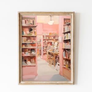 Miękki różowy plakat biblioteczny, Pastel Academia, wydruk w Nowym Jorku, prezent dla miłośników książek, miękka estetyka dziewczyny, plakaty do czytania, wystrój pokoju Preppy