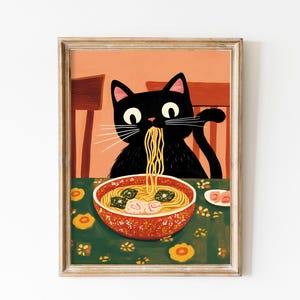 Funny Black Cat Eating Ramen, Japanese Kitchen Art Printable Poster, Asian Food, Kids Room Wall Art, Cat Lover Gift, Ramen Noodles Bowl Art
