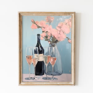 Weicher blauer Retro Champagner und Blumen-Druck, Preppy Wandkunst Barwagen Drucke, dänische Pastellästhetik, Vintage Pink Bar Poster