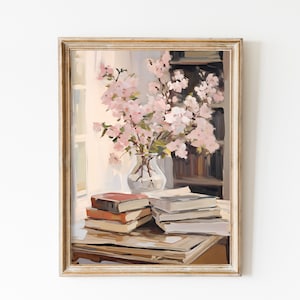 Impresión amante del libro, pila de libros pintura ratón de biblioteca arte imprimible rosa suave arte de la pared de moda flores de primavera arte apartamento estético arte pastel
