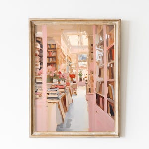 Poster bibliothèque rose pâle, milieu universitaire pastel, impression New York, cadeau pour amateur de livres, esthétique douce fille, posters de lecture, décoration de chambre preppy