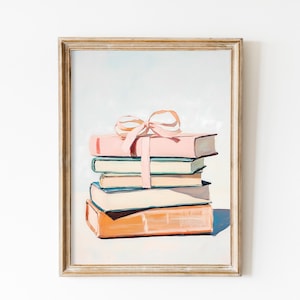 Book Lover Print, Stack of Books Painting, Bookworm Printable Art, Pink Bow Trendy Wall Art, Digital Print, Apartment Aesthetic, Pastel Art