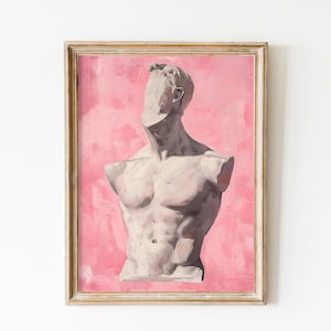 May include: A framed painting of a white plaster bust of a person against a pink background.