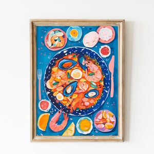 Delicious Fresh Paella Print Download, Seafood Kitchen Art Printable, Spanish Poster Flatlay Food In The Table, Lemons Wall Art Decor