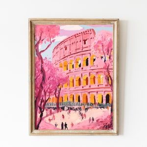 Póster de viaje a Roma: Impresión del Coliseo rosa, arte mural italiano, decoración de primavera en Roma, impresión de viaje romántica y elegante, arte europeo en tonos pastel