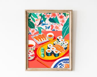 Sushi Kitchen Print: Japanese Food Art, Pink Asian Decor (Digital Download)