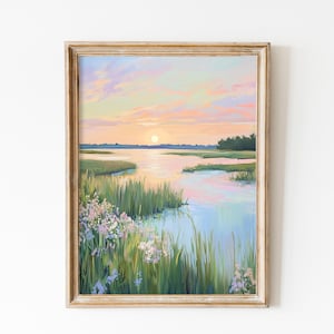 Carolina Lowcountry Marsh Sunset Painting, Pastel Coquette Decor, Pastel Coastal Printable, Rustic Decor, Cottagecore Landscape Art