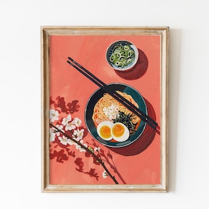 Delicious Ramen Print Download, Japanese Kitchen Art Printable Poster, Flatlay Food In The Table, Cute Pastel Pink Decor Asian Wall Art