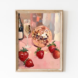 Plakat Mirrorball z truskawkami, gorąco różowa sztuka ścienna, sztuka do druku, dekoracja Disco Ball, delikatny róż, Preppy Stuff, dekoracja Y2K Dopamine