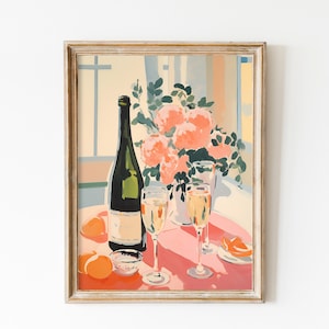 Champagne Soft Pink Retro Print, Preppy Wall Art Bar Cart Prints, Danish Pastel Aesthetics, Vintage Pink Cin-Cin Kitchen Decor