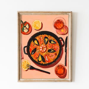 Delicious Fresh Paella Print Download, Pink Seafood Kitchen Art Printable, Spanish Poster Flatlay Food In The Table, Lemons Wall Art Decor