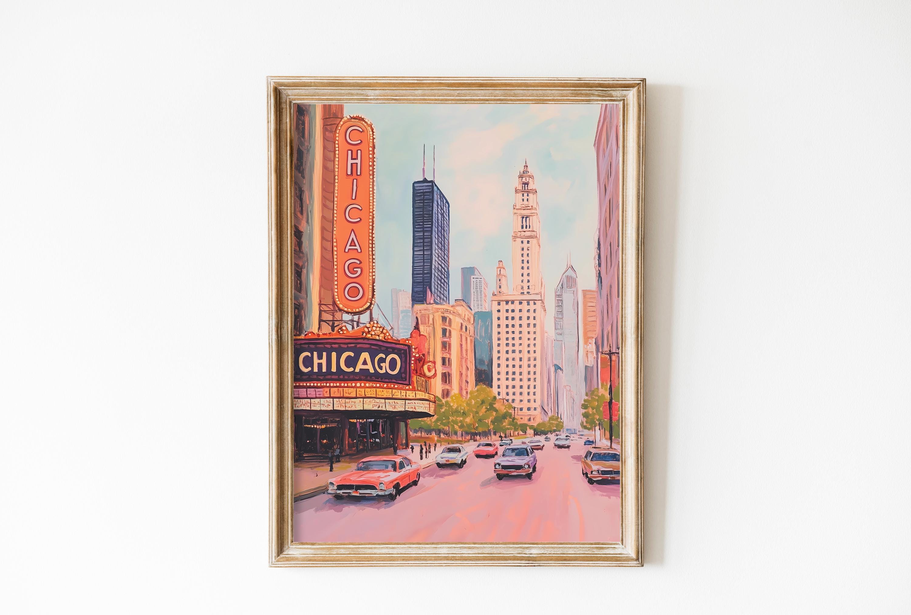 Retro Chicago Poster, Soft Pink Chicago Wall Art, Vintage Chicago Oil Painting, USA Travel Poster, Dorm Decor Gift, Soft Pink City Landscape