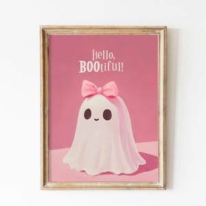 Vintage Pink Bow Ghost Wall Art Print, Halloween Nursery Decor, Preppy Trendy Printable, Coquette Cute Ghost Painting Girly Print Girls Room