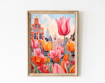 Amsterdam Travel Poster | Netherlands Tulips Print | Soft Pink Wall Art | Romantic Amsterdam Flowers Print | Holland Landscape Dutch Art