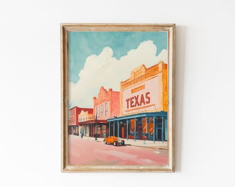 Retro Texas Print, Soft Pink Texas Wall Art, Vintage Texas Oil Painting, USA Travel Poster, Dorm Decor Gift, Soft Pink City Landscape