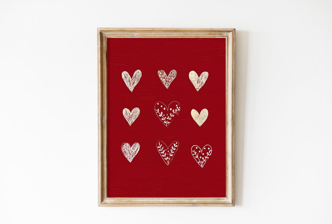 Rustic Heart Printable Folk Heart Wall Art Printable, Rustic Red Love Decor, Scandinavian ...