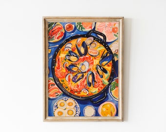Delicious Fresh Paella Print Download, Seafood Kitchen Art Printable, Spanish Poster Flatlay Food In The Table, Lemons Wall Art Decor