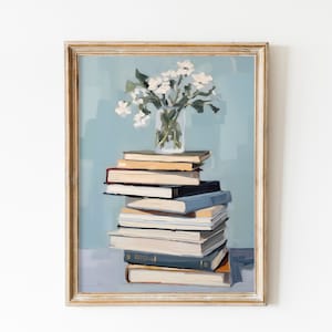 Impresión de amante de los libros, pintura de pila de libros, arte imprimible de ratón de biblioteca, arte de pared de moda en azul suave, impresión digital, estética de apartamento, arte pastel