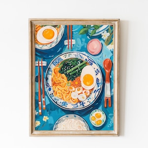Delicious Ramen Print Download, Japanese Kitchen Art Printable Poster, Flatlay Food In The Table, Cute Blue Print Decor Asian Wall Art