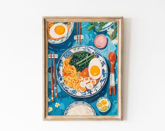 May include: A painting of a bowl of ramen with noodles, spinach, a soft boiled egg, and white onions. The bowl is on a blue background with other bowls of eggs and chopsticks.